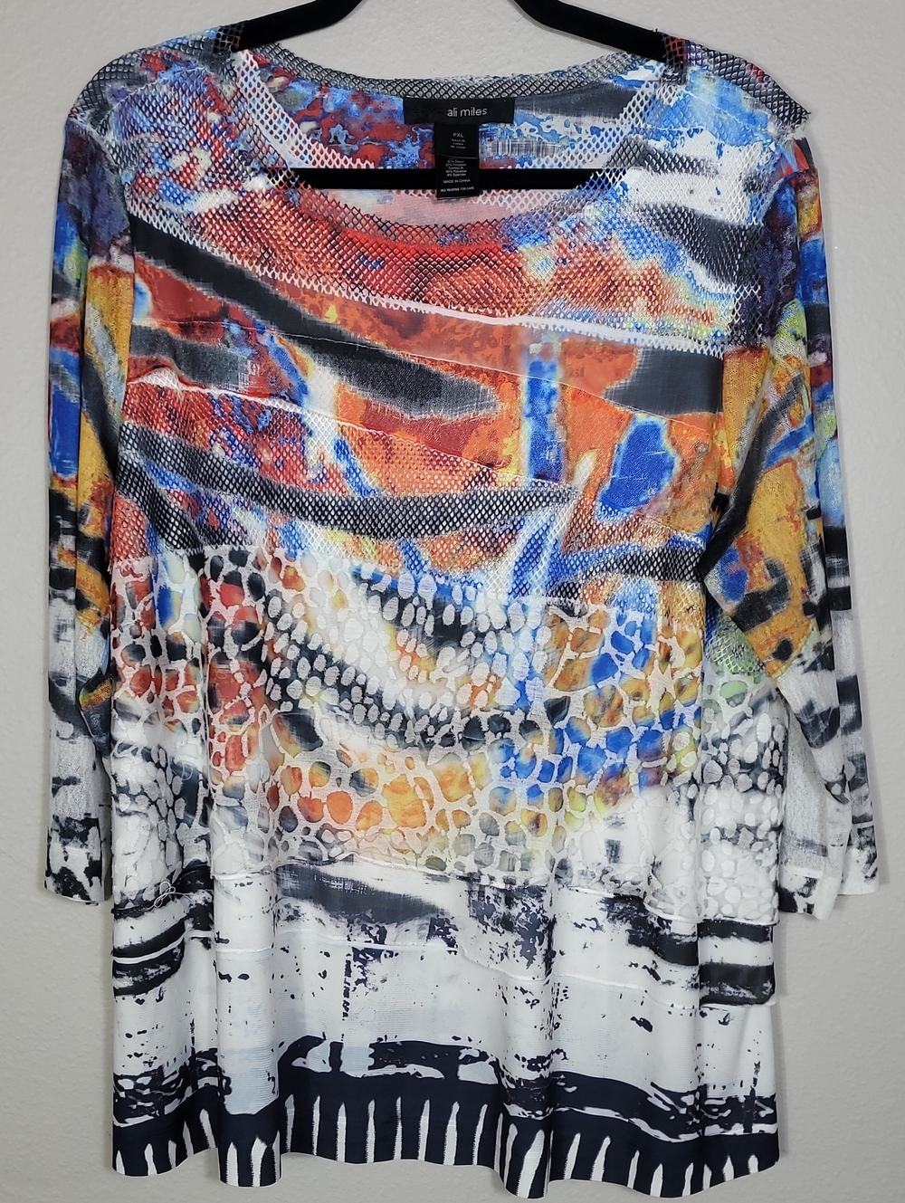 Ali Miles Layered Mixed Media Artsy Top Size XL Petite Colorful Blouse